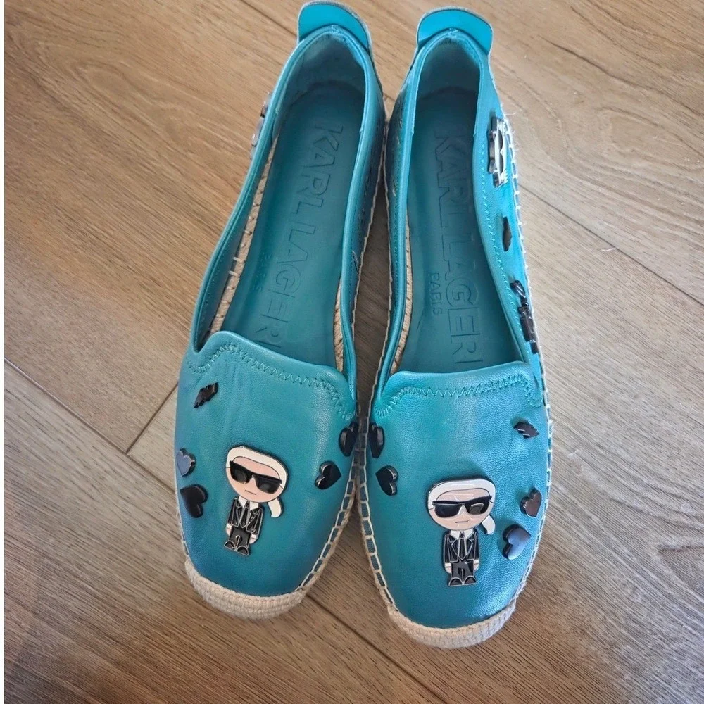 Karl Lagerfeld Paris Michaela Teal Leather Espadrille‎ Flats Charms 8M 38.5B